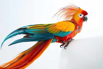 Obraz premium Scarlet macaw perched on white background showing its colorful plumage