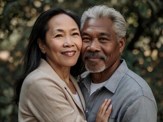 Fototapeta premium Portrait of a couple of black man from Africa and white woman from Asia, individuals of different races