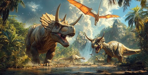 Three Dinosaurs in a Tropical Jungle Setting © Ariestia