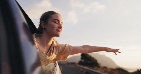 Car, freedom and road trip for woman, fresh air and thinking of ride in nature, vacation and travel...