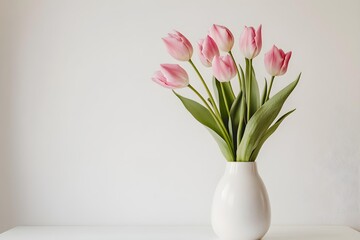 Beautiful pink tulip flowers bouquet in ceramic vase on white table. Aesthetic minimalist style floral composition with copy space