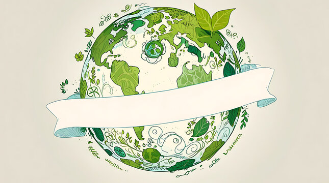 Illustration of a Globe with Green Leaf Patterns and Recycling Symbols, Highlighting the Concept of Earth Day with Ample Copy Space for Text or Informational Details