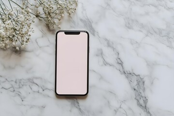 Flatlay mobile phone on marble table. Aesthetic elegant blog, online shopping, online store, social media branding template with blank copy space