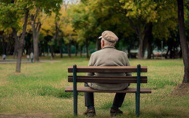 Fototapeta premium Elderly Man Sitting Alone on Park Bench - Solitude in Nature