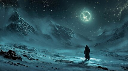 A solitary figure stands on a snowy, alien landscape under a bright, glowing orb.