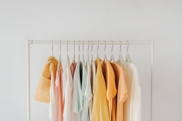 Women's fashion bright pastel clothes on clothing rack on white background. Minimalist fashion blog concept