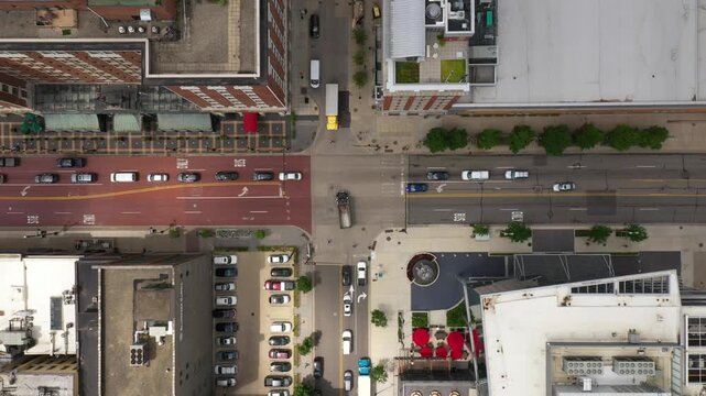 4k Drone video of a traffic intersection downtown Grand Rapids, MI mid day