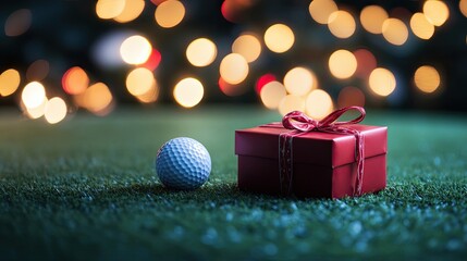 Golf Ball and Gift Box on Grass with Bokeh Lights