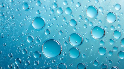 Close up of water bubbles on blue background. Abstract blue fresh hygiene template. Luxury cosmetics body care and clean energy. Concept shot of transparent elegant vitality serum air bubbles