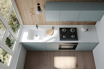Fototapeta premium Compact Kitchen Space with a Bright White Counter in a Cozy Setting