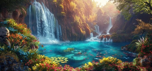 Enchanted Waterfall Oasis in a Lush Green Paradise