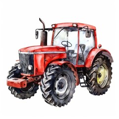Obraz premium Watercolor painting of a red tractor, on isolated white background
