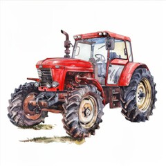 Obraz premium Watercolor painting of a red tractor, on isolated white background