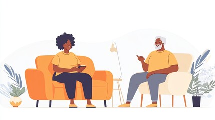 A cozy scene featuring an older couple enjoying a conversation on colorful sofas, surrounded by plants, evoking warmth and connection.