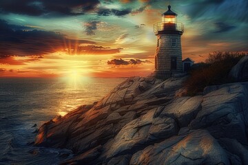 Lighthouse on Rocky Coast at Sunset