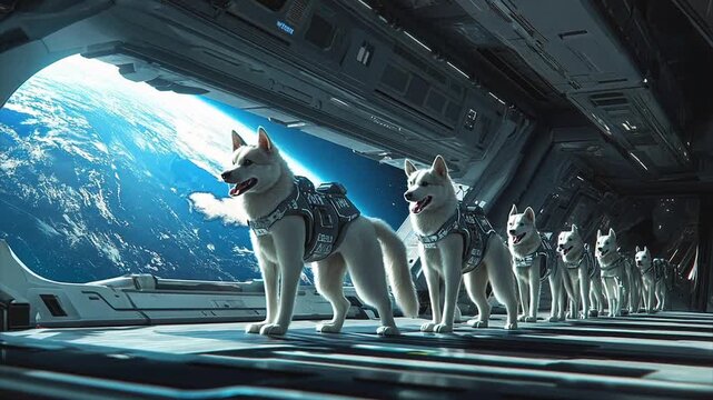 Tracking dogs with space vests on lined up in a spaceship as they explore the cosmos after the extinction of the human species.