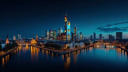 Fototapeta premium Cityscape at dusk, urban skyline, illuminated buildings Background
