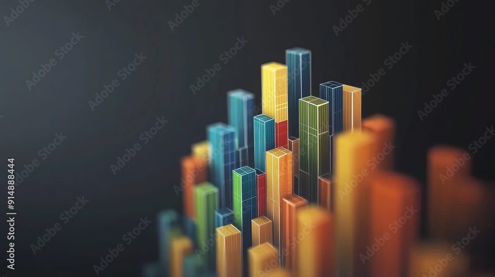 Poster vibrant 3d bar graph representing data trends and analysis with colorful vertical bars against a dar