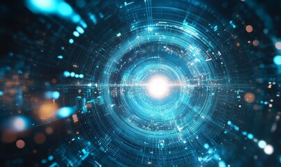 Obraz premium Futuristic Time Travel Concept: Abstract Technological Background with Clocks and Chronometry Elements. Innovative Blue Sci-Fi Design for Creative Marketing and Advertising. High-Tech Temporal Visuali