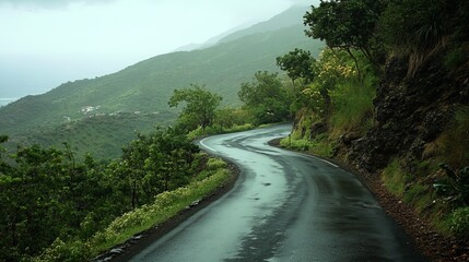 Obraz premium Black road winding through an island, ideal for a road trip with scenic views