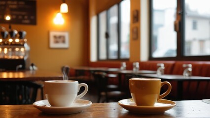 Obraz premium an elegant cup of hot beverage next to empty tables in a restaurant,