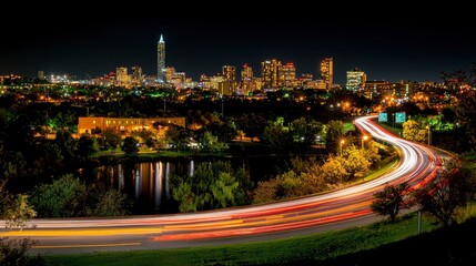 Cityscape at night, illuminated skyline, urban metropolis Background