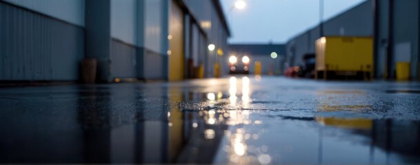  rainy night view of streetlights and lights reflecting on wet road,