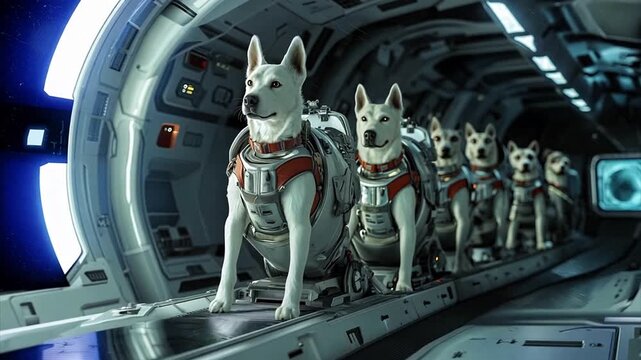 Pushing towards dogs with space vests on lined up in a spaceship as they explore the cosmos after the extinction of the human species.