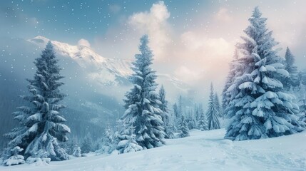 Obraz premium Snowy Mountain Landscape with Fir Trees