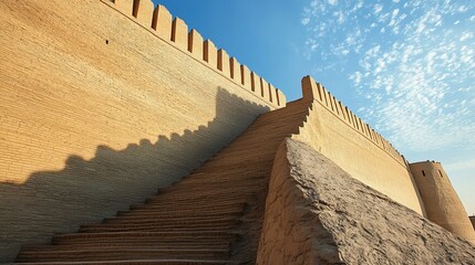 Fototapeta premium Khiva fortress Ichan-Kala in Uzbekistan. The ancient fortification wall features a staircase leading upwards, showcasing a contrast between the smooth wall and textured steps against a blue sky.