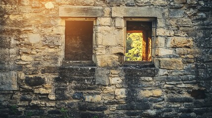 Naklejka premium Old castle wall made of natural stones, presented in a toned photo.