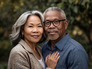 Fototapeta premium Portrait of a couple of black man from Africa and white woman from Asia, individuals of different races