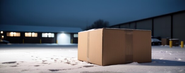  a big box sitting in the snow outside on a snowy night,