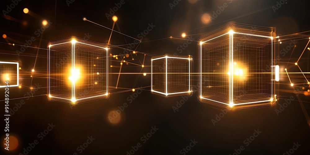 Poster abstract golden cubes with light glows and interconnected lines