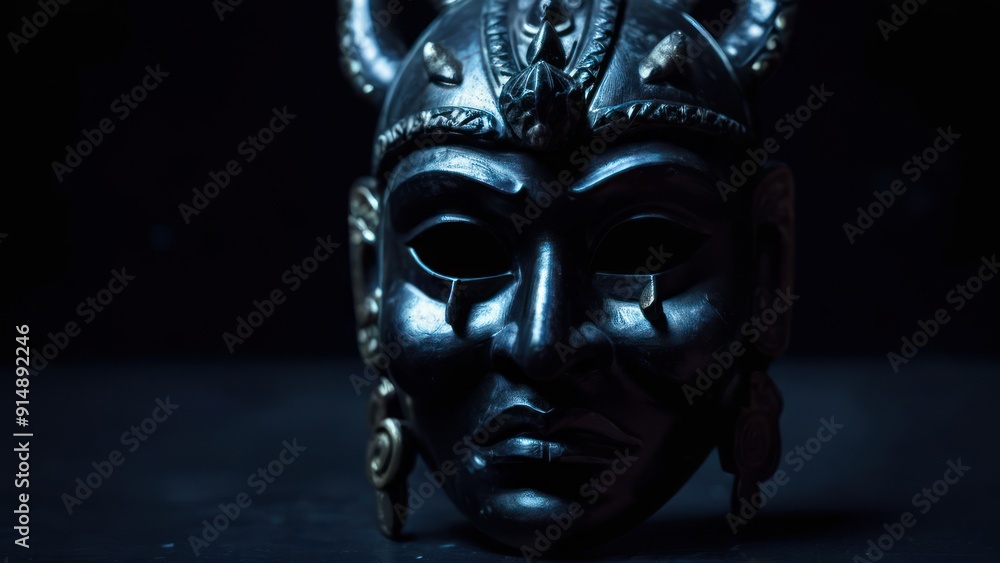 Wall mural an ancient mask sits next to ornamental vases in this image,