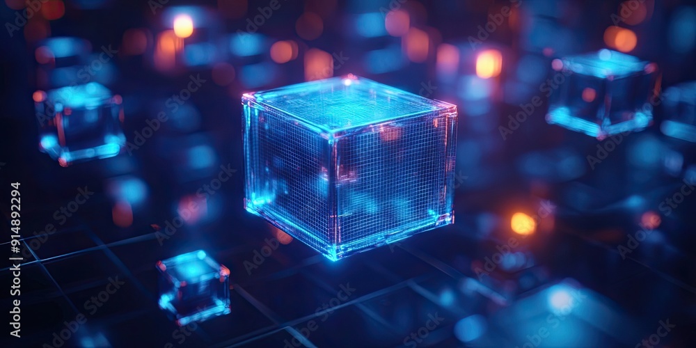 Poster a glowing blue cube with grid pattern floating above other cubes and bokeh lights