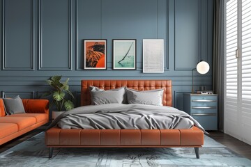 Minimalist Bedroom with Orange Leather Bed, Grey Walls, Blue Cabinets, Wall Art, Large Windows, and Modern Furniture in a Serene, Naturally Lit Space.