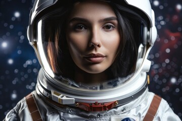 Serious female astronaut with dark hair and helmet gazing directly at the camera against a starry space background.