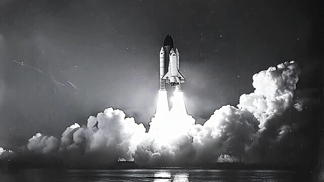 Vintage Black and White old film style shot of space shuttle taking off from the launch pad at Cape Canaveral at night.