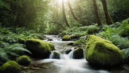 Obraz premium mosses and water in an overgrown, rocky stream area,