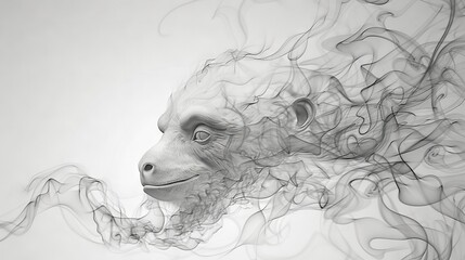   A B&W image of a monkey's head emitting smoke from its mouth, with a cigarette protruding as well