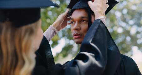 Graduation cap, students and education with achievement, success and diversity in university or...