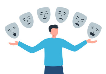 Man with emotion masks. Faceless guy hiding real feelings. Mental health and psychological problems.