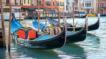 Obraz premium Venice, Italy: Gondolas lined up on the Venice waterfront under sunny skies. A picturesque scene capturing the essence of tourism and travel.