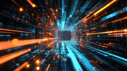 Fototapeta premium Abstract digital data tunnel with glowing blue and orange lines, representing high-speed technology and futuristic network communication.