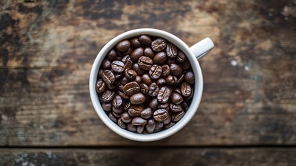 Fototapeta premium A white cup filled with coffee beans on a rustic wooden table. Top view.