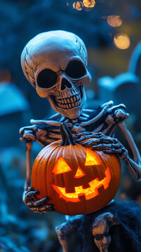 A skeleton holds in his hands an orange pumpkin, AI generated