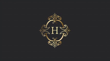 Golden Ornamental Frame with Letter H Monogram