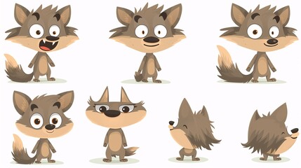 Fototapeta premium Whimsical Wolf Pack: A collection of six adorable cartoon wolves with expressive eyes and playful poses. Great for children's books, animations, and whimsical designs. 