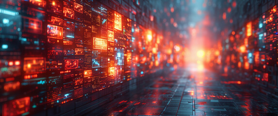 Fototapeta premium A dynamic representation of an AI-powered data network showcasing the flow of digital information through a complex system of interconnected screens.